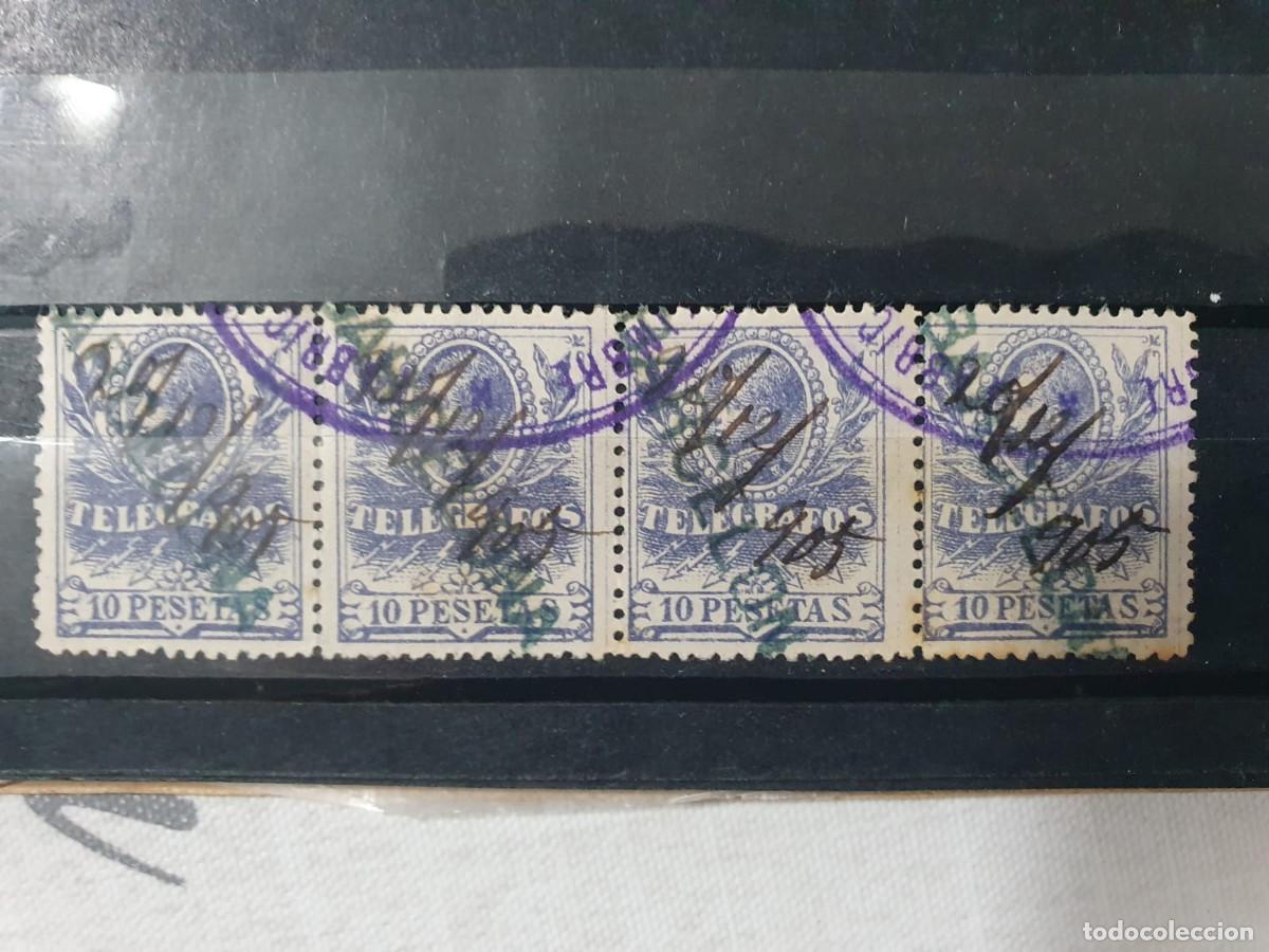 Sellos: TELEGRAFOS EDIFIL 46 TIRA 4 ALFONSO XIII ESPA&Ntilde;A 1905 10 PESETAS