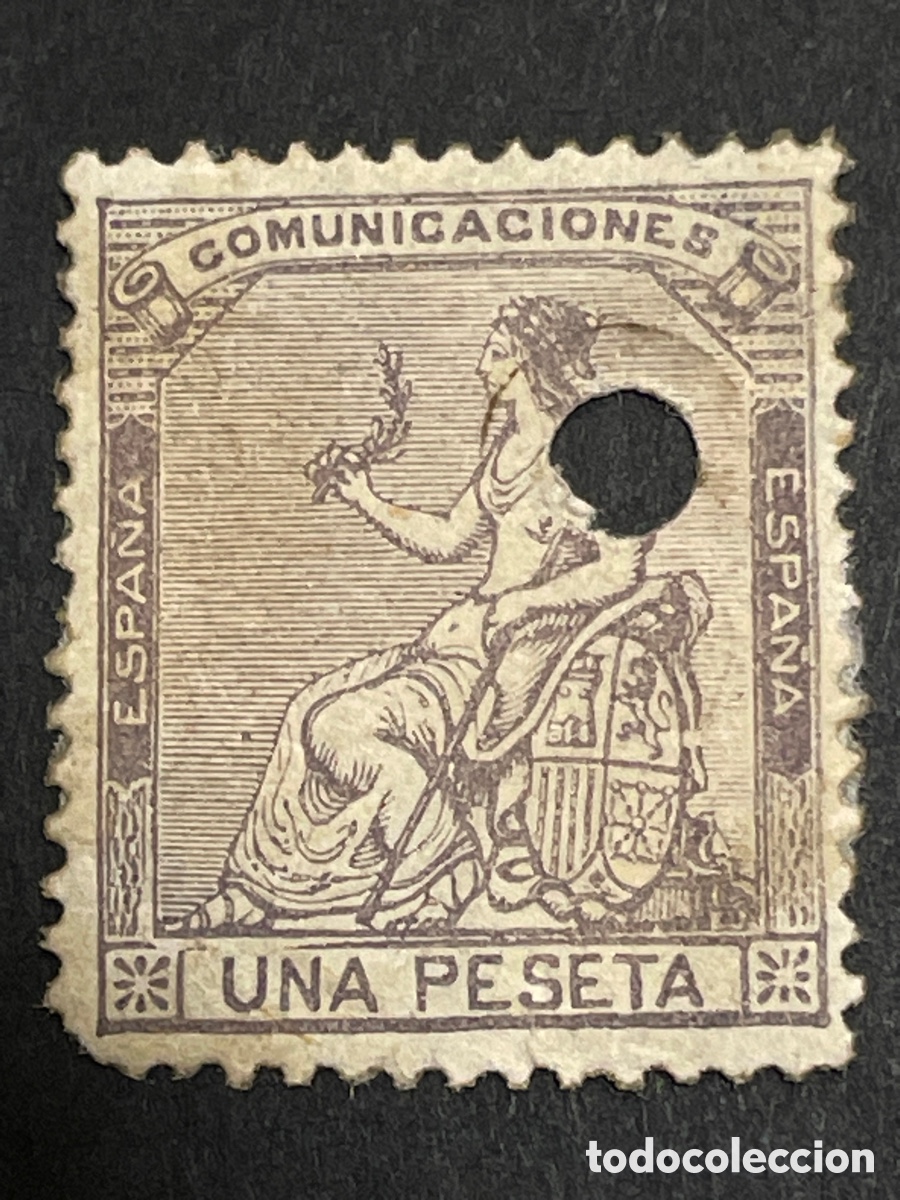 Sellos: Edifil 138T 1 Peseta lila, taladro tel&eacute;grafo, el de la foto
