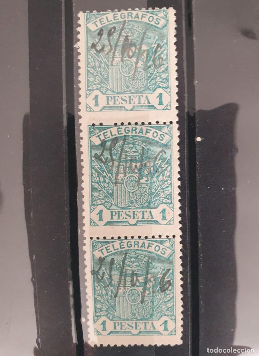 Briefmarken: BLOQUE DE 3 EDIFIL 60 TELEGRAFOS USADO ESPA&Ntilde;A 1921