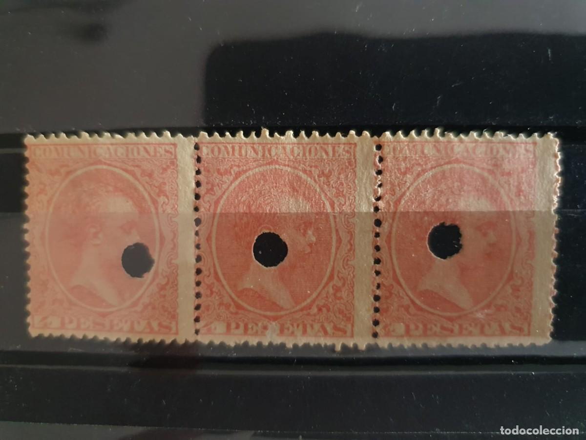Briefmarken: TELEGRAFOS EDIFIL 227 T 4 PESETAS ALFONSO XIII PELON ESPA&Ntilde;A 1899 BLOQUE DE 3