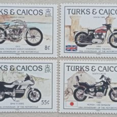 Sellos: 1985. TURKS Y CAICOS. 741/744. CENTENARIO MOTOCICLETA: HD,TRIUMPH,BMW,HONDA. SERIE COMPLETA. NUEVO.