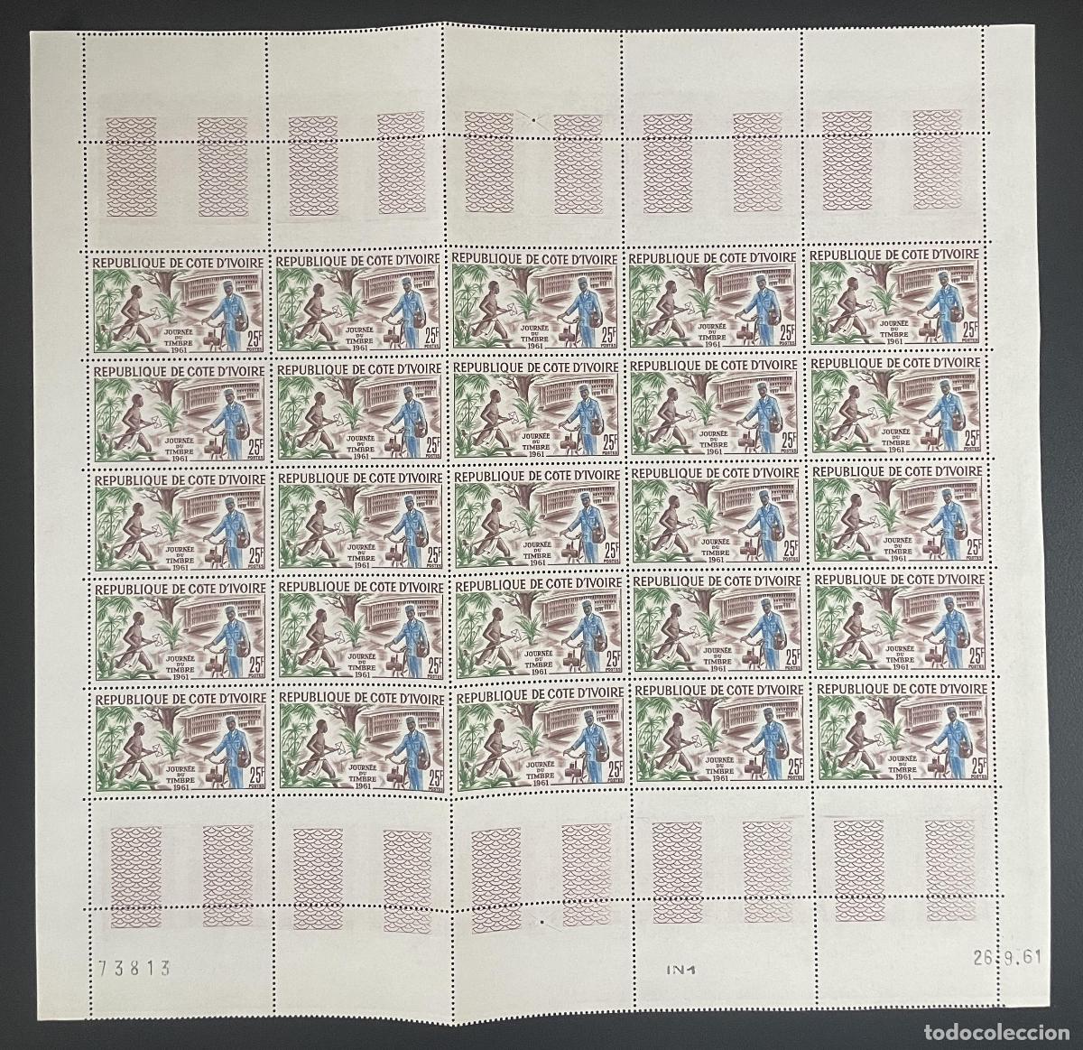Briefmarken: Costa de Marfil 1961 YT 199 tabl&oacute;n D&iacute;a del Sello cartero bicicleta