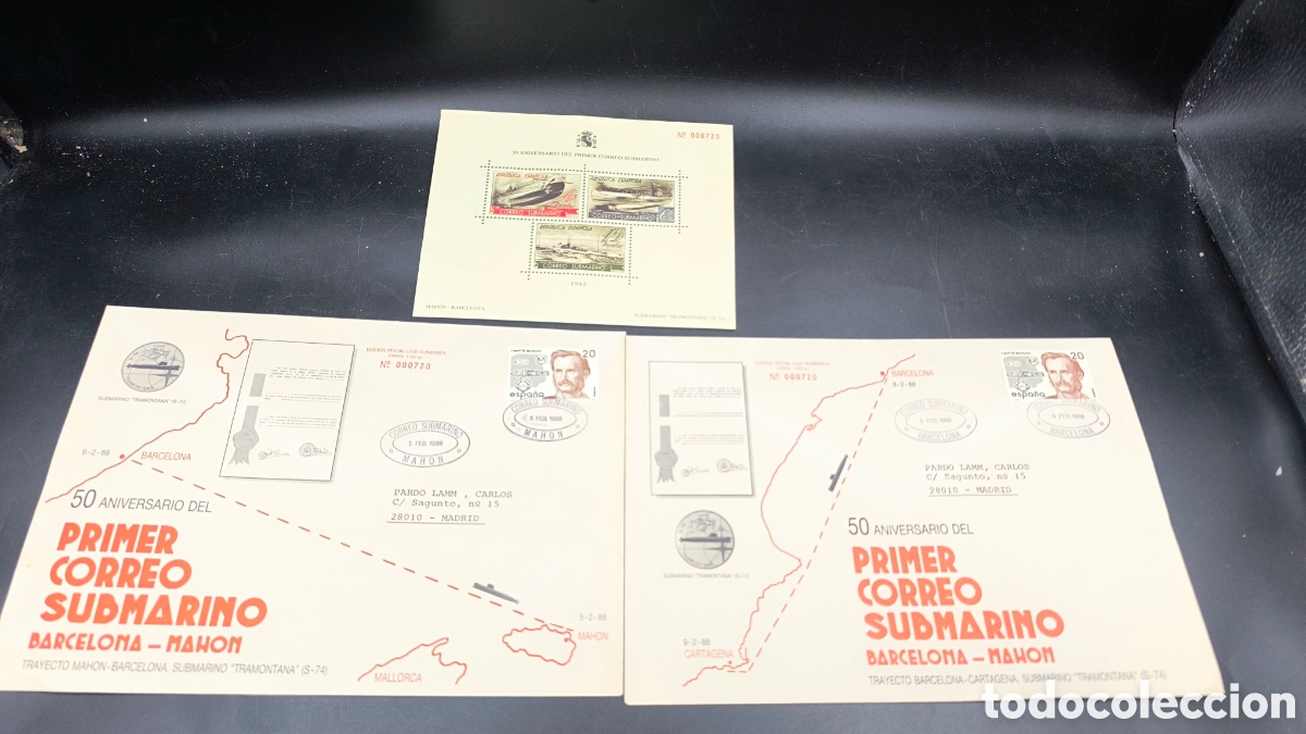 Timbres: SOBRE y sellos, 50 ANIVERSARIO PRIMER CORREO SUBMARINO, MAHON, BARCELONA, 1988