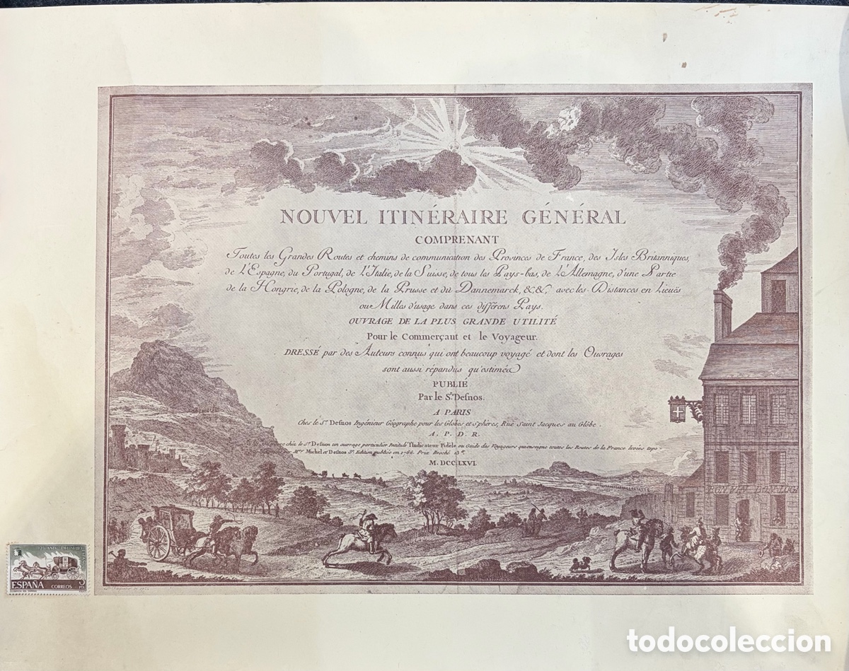 Timbres: Reproducci&oacute;n facs&iacute;mil del frontispicio &ldquo;Nouvel Itin&eacute;raire G&eacute;n&eacute;ral&rdquo; (Par&iacute;s, 1766),