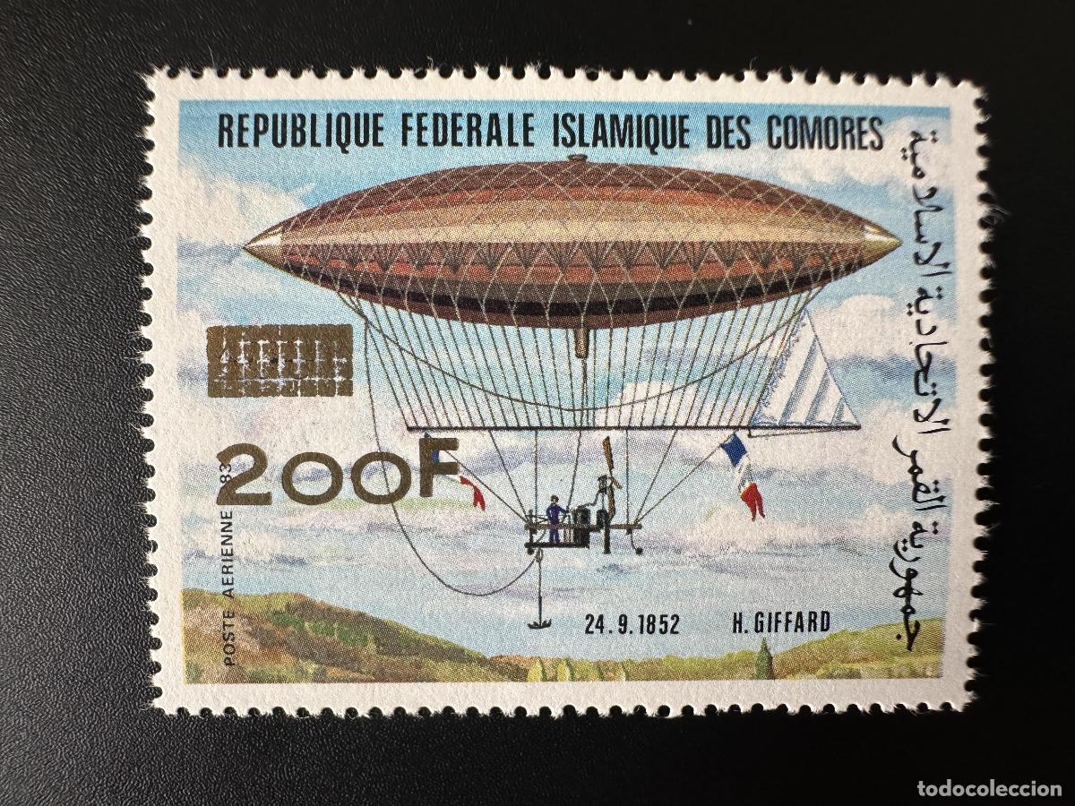 Sellos: Globo aerost&aacute;tico sobrecargado Mi. 1175 400F/200F de Comoras 1996 con bandera Giffard