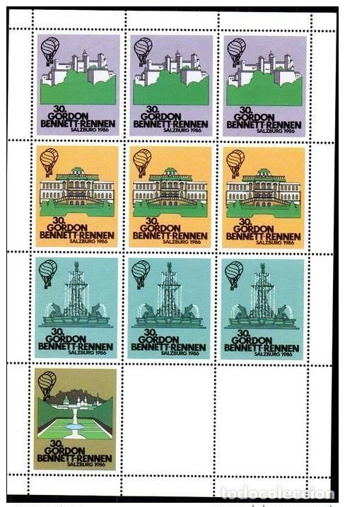 Sellos: 30&ordf; Copa Gordon Bennett Salzburgo 18 de octubre 1986 Austria hoja etiquetas con 10 balones