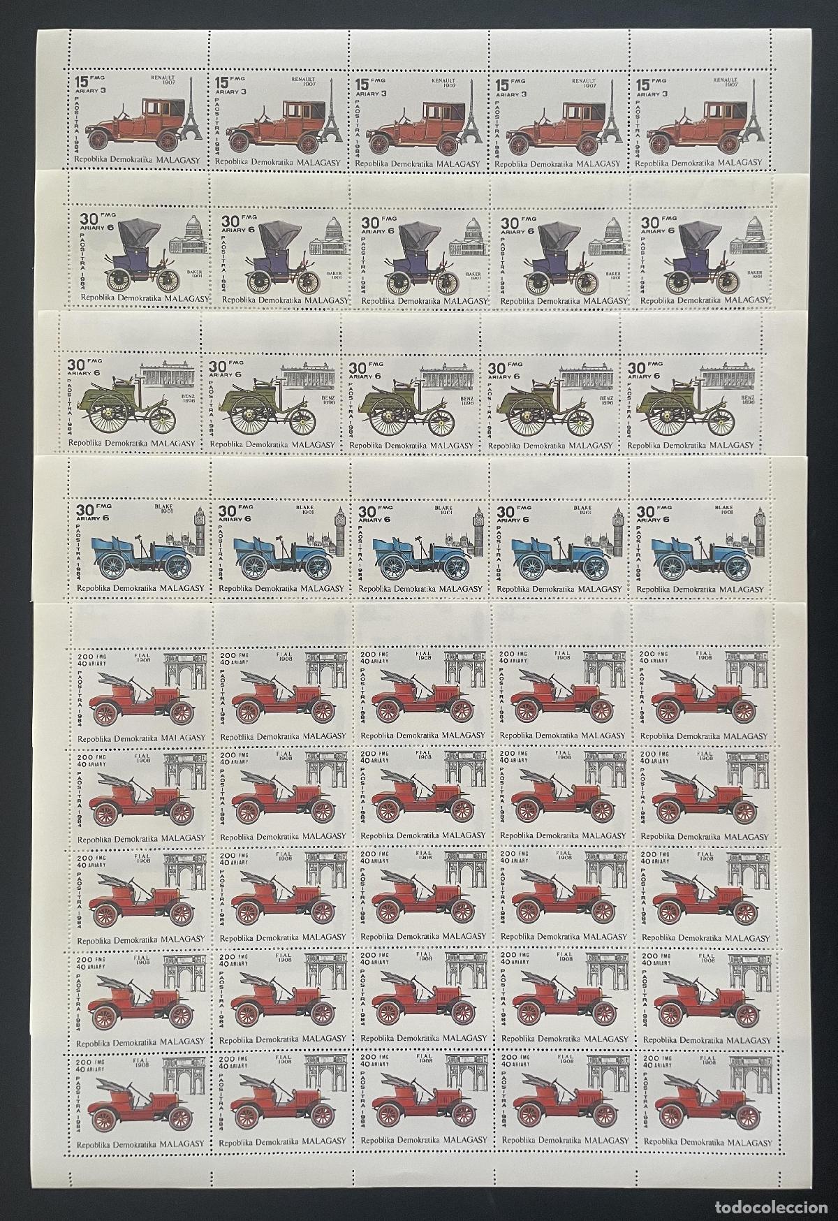 Sellos: Madagascar 1984 YT 703-707 bloque autom&oacute;viles antiguos Renault Benz Fiat