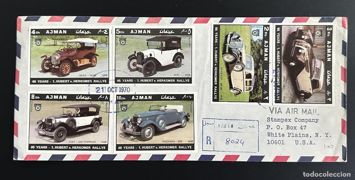 Sellos: Sellos Herkomer Rally 6 de Ajman 1970 con carta certificada para coches antiguos