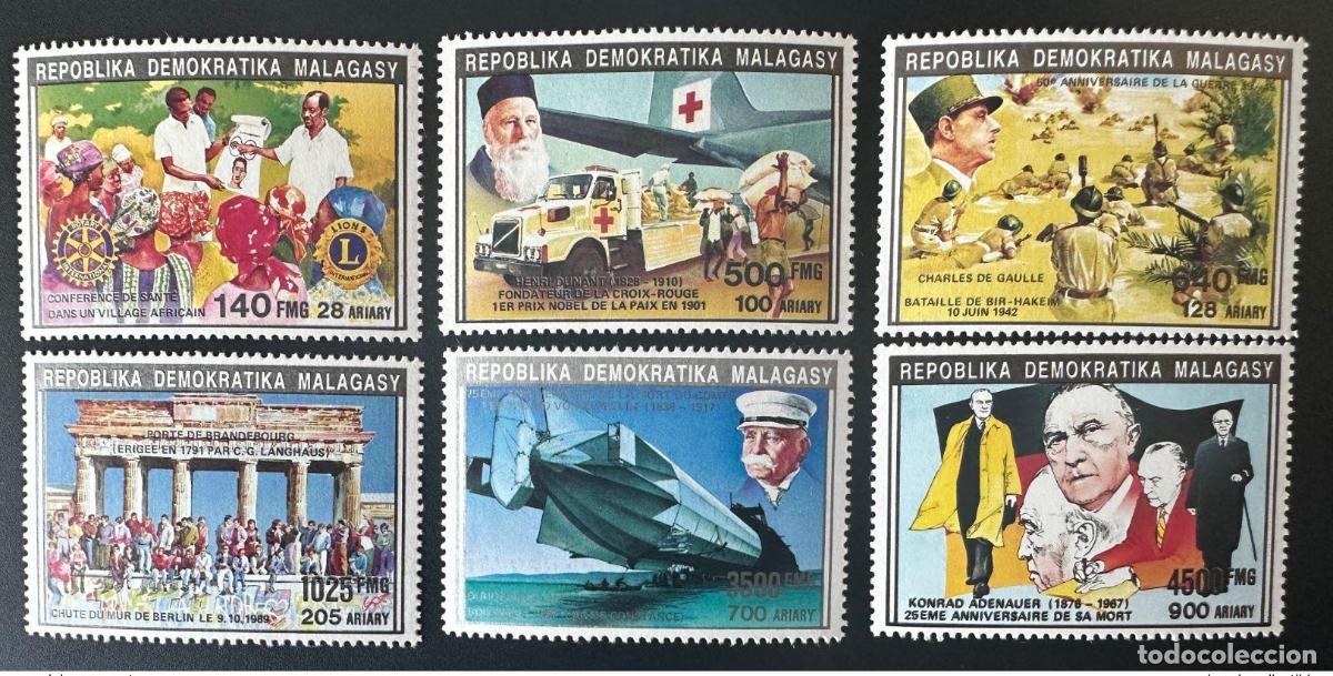 Timbres: Madagascar 1992 Bl. Mix. 1391/1397 I Adenauer Brandenburger Tor Lions Dunant