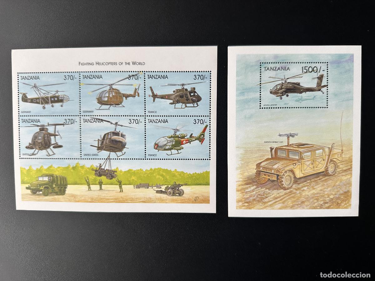 Sellos: Helic&oacute;pteros militares Mi. 3550 - 3555 Bl. 475 de Tanzania 1999 veh&iacute;culos combate