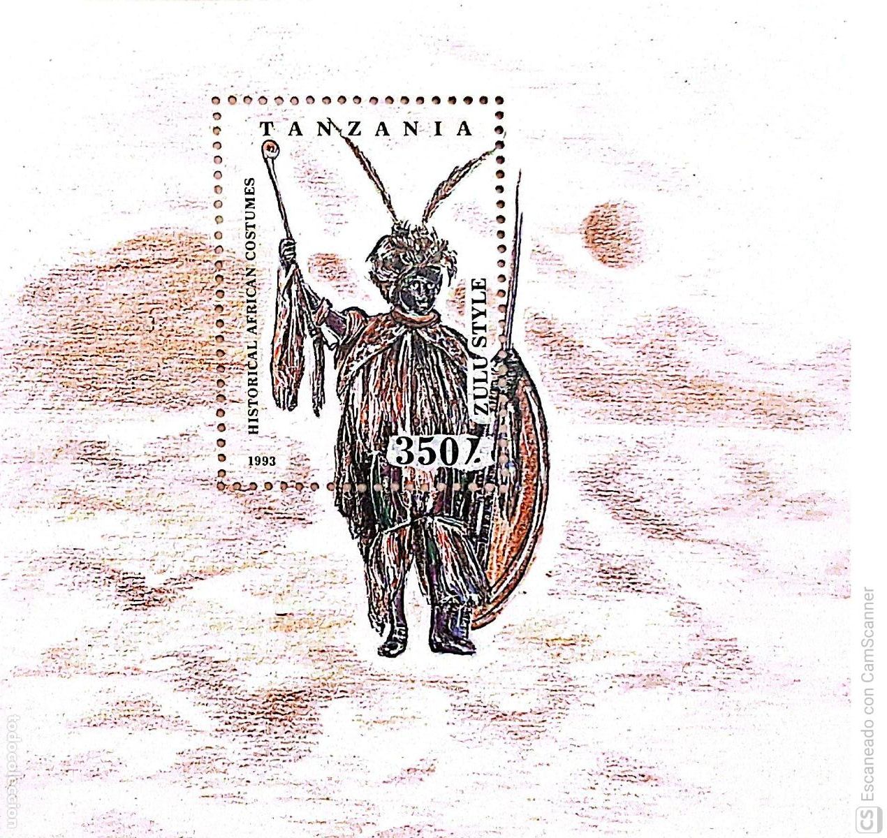 Sellos: Tanzania. HB Traje de guerrero Zul&uacute;. 1993. Sellos nuvos.