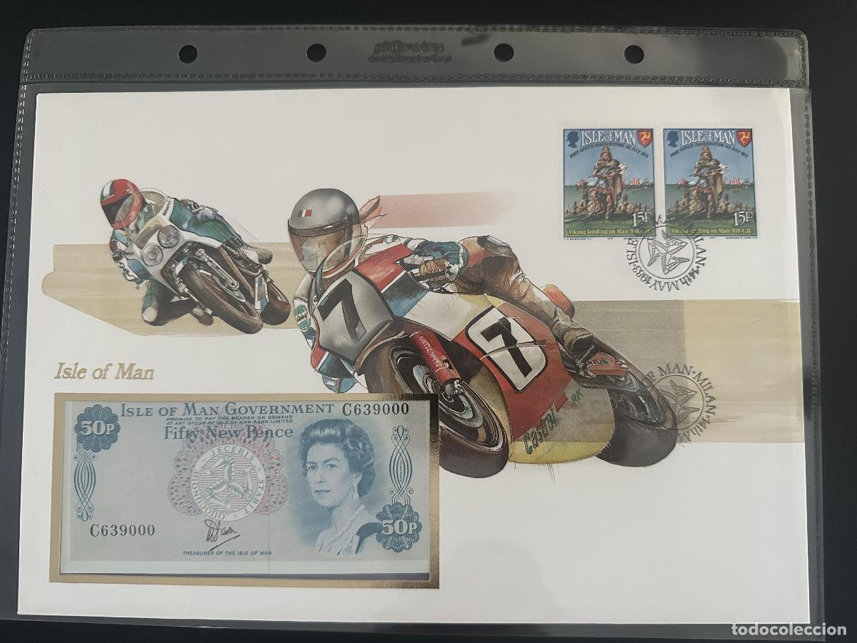 Stamps: Isle of Man TT sobre numism&aacute;tico billete 50p sellos Viking 15p