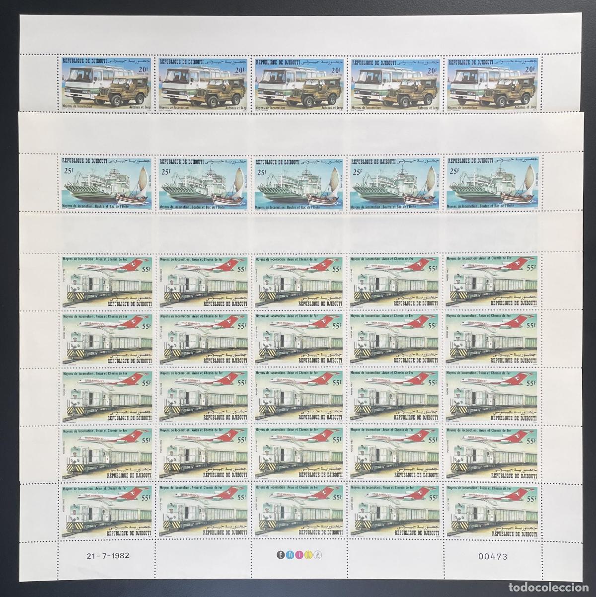 Briefmarken: Yibuti 1982 YT 554-556 hoja transporte jeep barca avi&oacute;n tren