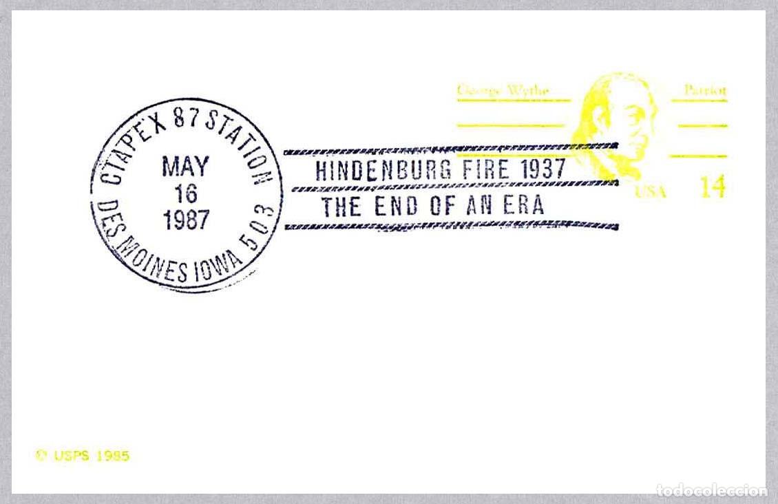 Sellos: Matasellos DIRIGIBLES - DESASTRE DEL HINDENBURG 1937. Des Moines Iowa, Estados Unidos, 1987