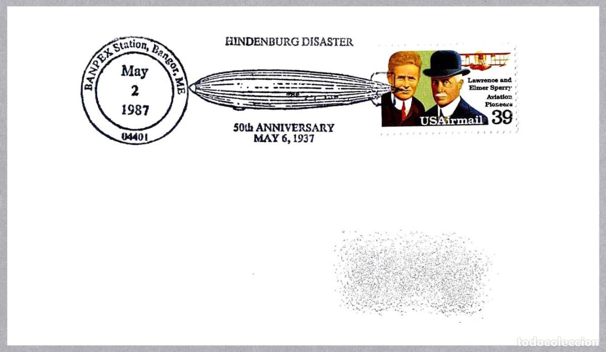 Sellos: Matasellos DIRIGIBLES - DESASTRE DEL HINDENBURG 1937. Bangor ME, Estados Unidos, 1987