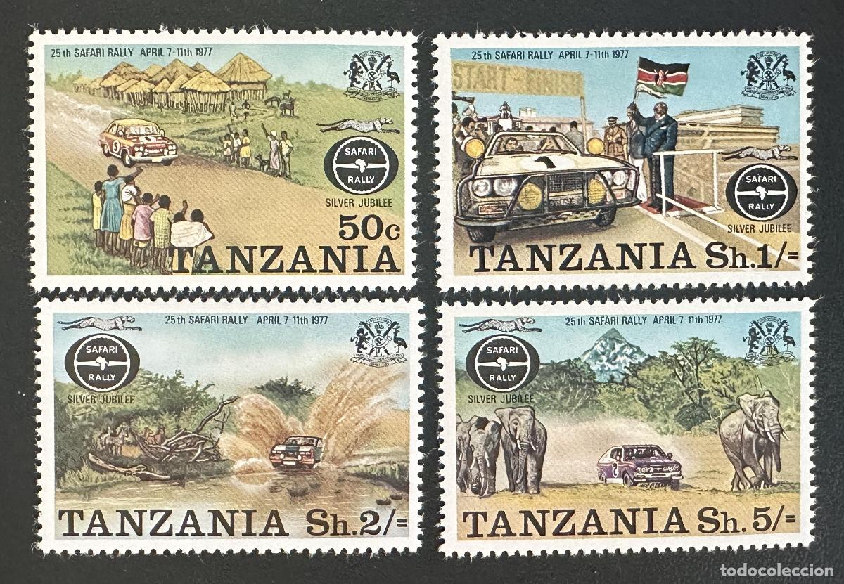 Sellos: Tanzania 1977 Mi. 74-77 emisi&oacute;n conjunta Safari Rally elefantes autos