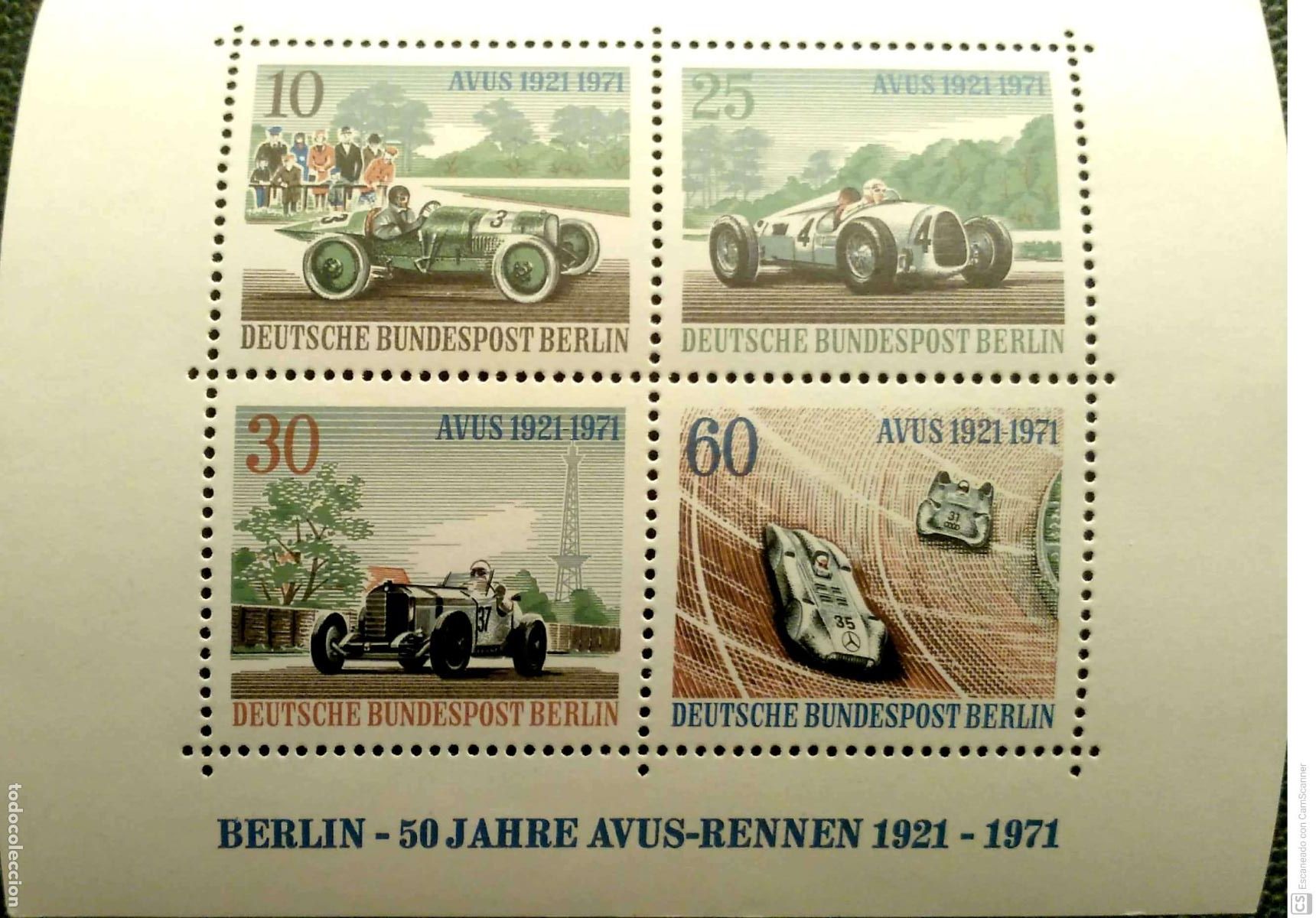 Sellos: Berl&iacute;n. HB 3 Aniversario Carreras automovil&iacute;sticas Avus. 1971. Sellos nuevos y numeraci&oacute;n Yvert.