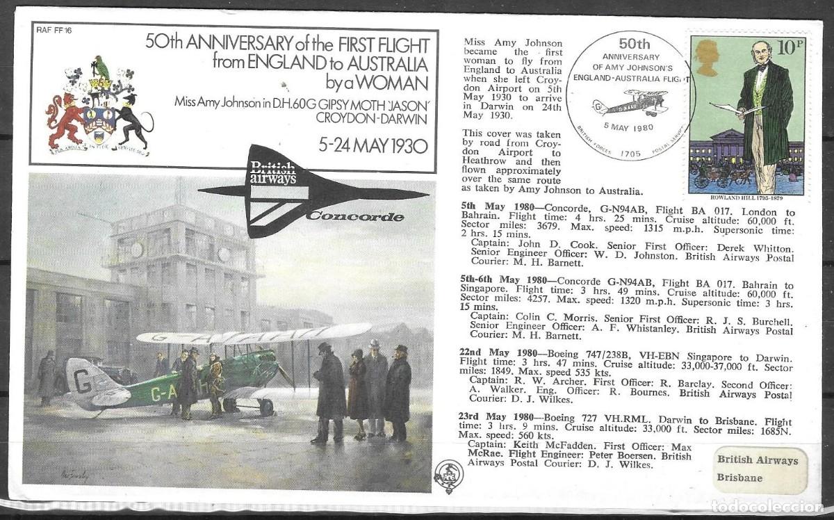 Sellos: Sobre filat&eacute;lico conmemorativo British Airways Concorde &ndash; 50.&ordm; aniversario del vuelo de Amy Johnson