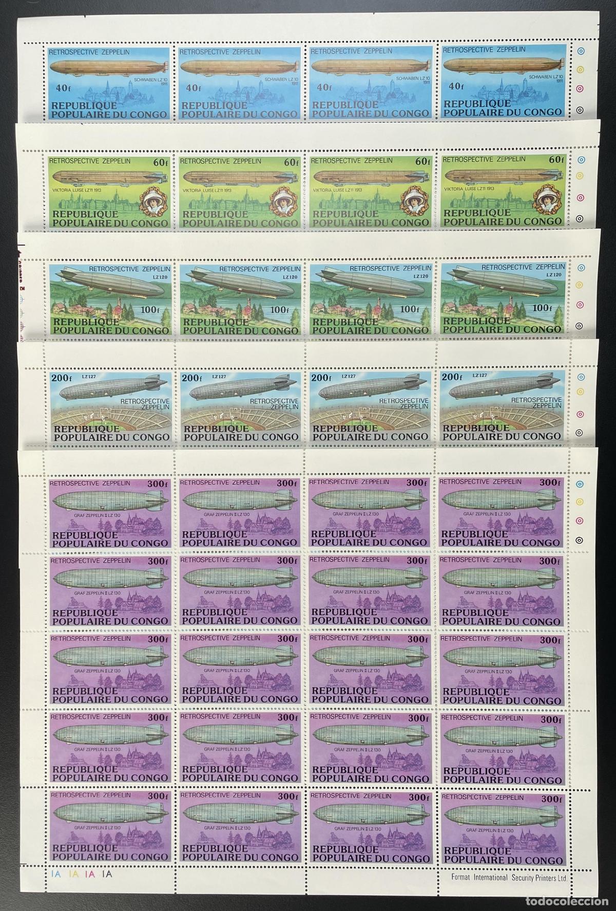 Briefmarken: Dirigible zepel&iacute;n Congo 1977 YT 458-462 tabl&oacute;n