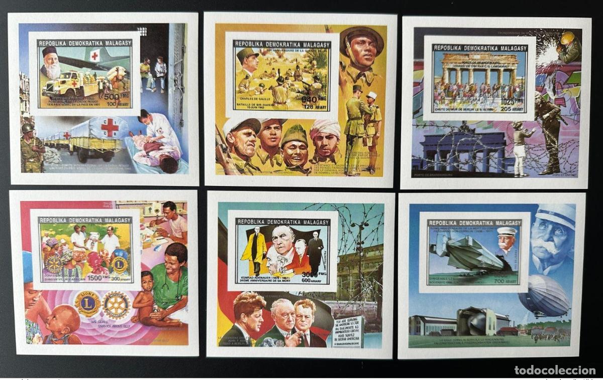 Sellos: Madagascar 1992 ND Bl. Mi. 1391/1397 II Zeppelin Lions Dunant Cruz Roja Gaulle