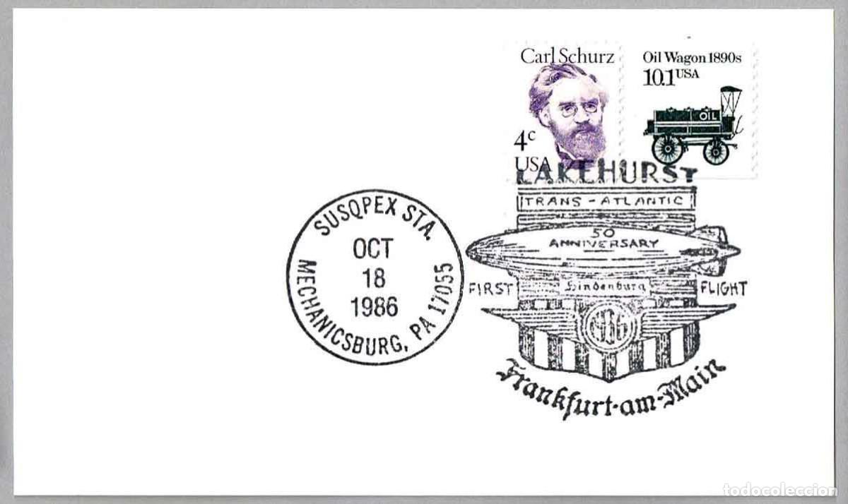Sellos: Matasellos DIRIGIBLES - 50 ANIV. PRIMER VUELO TRANS-ATLANTICO DEL HINDENBURG. Mechanicsburg 1986