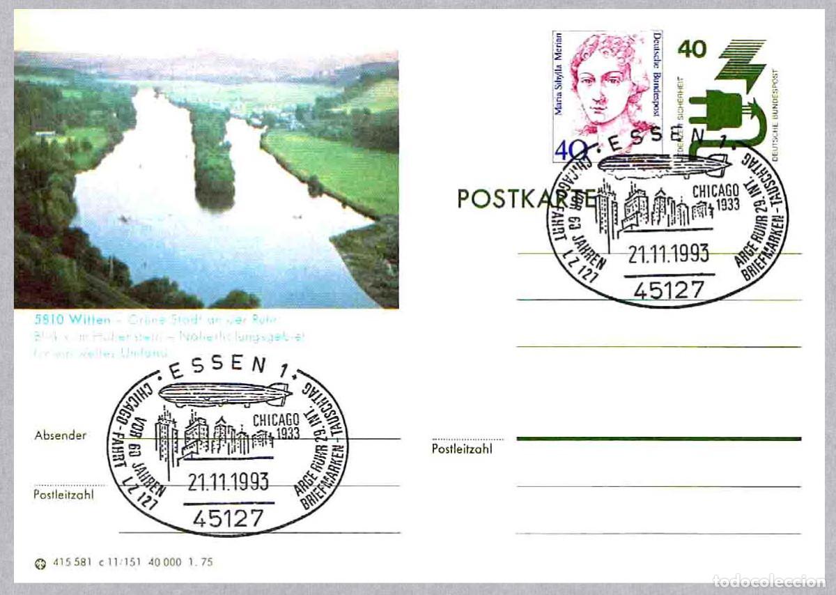 Sellos: Matasellos DIRIGIBLES - 60 A&Ntilde;OS VUELO LZ 127 A CHICAGO. Essen, Alemania, 1993