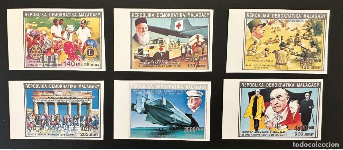 Sellos: Madagascar 1992 Mi. 1391/1397 I ND Zeppelin Lions Dunant Cruz Roja Gaulle
