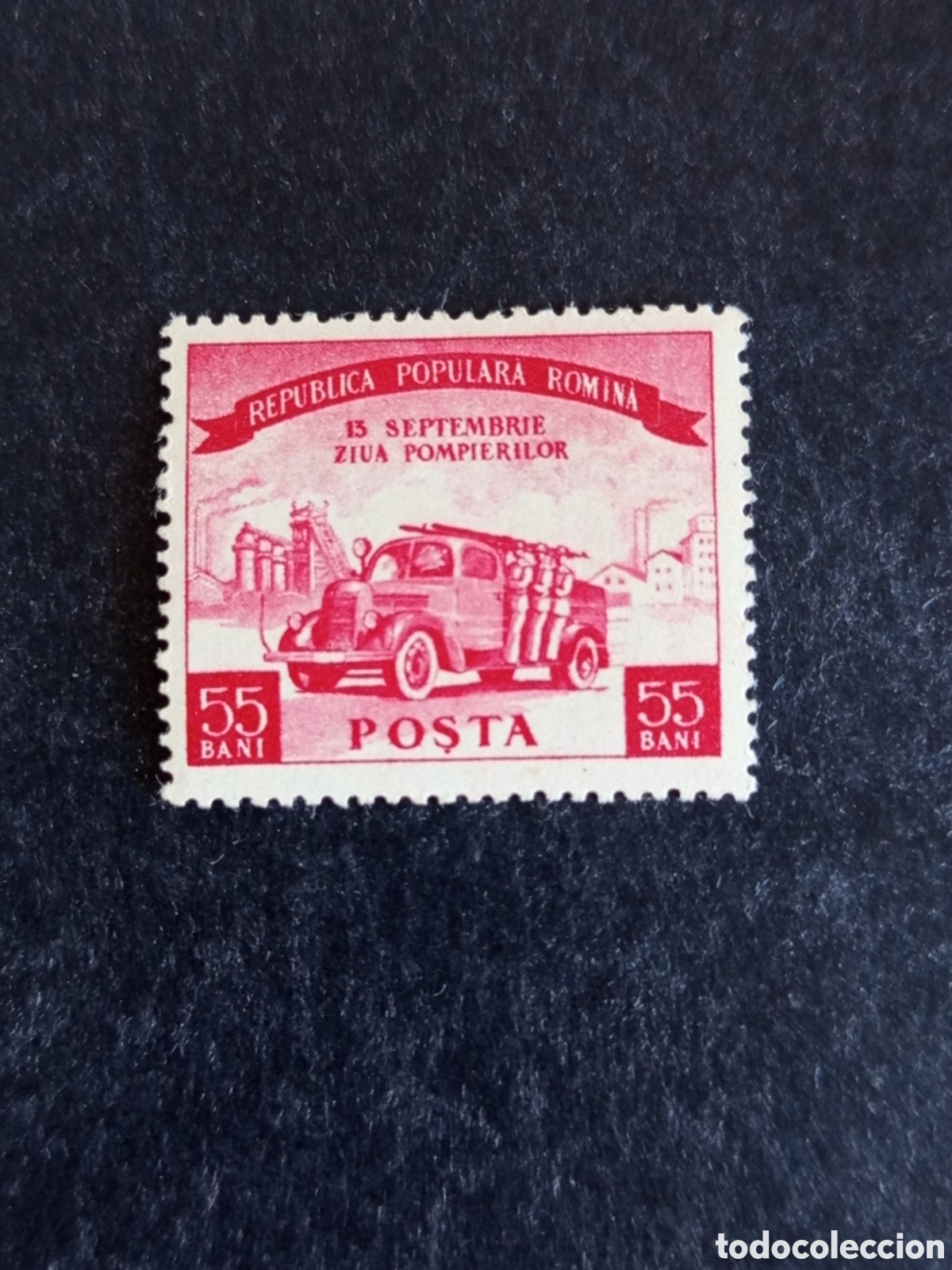 Sellos: Ruman&iacute;a, 1955. D&iacute;a de los bomberos. Cami&oacute;n. Yv 1411. Serie completa. Pedido m&iacute;nimo 3 &euro;. Ver fotos.