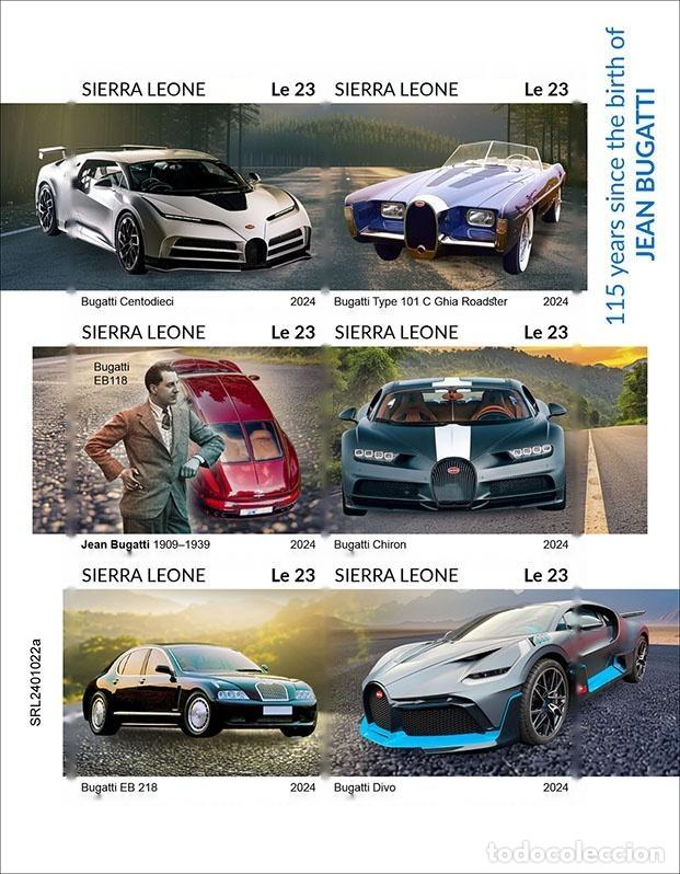 Sellos: Sierra Leona 2024 Mi. 18300-18305 hoja sin dentar Jean Bugatti coches