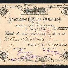 Sellos: ASCION. GENERAL DE EMPLEADOS DE LOS FERROCARRILES DE ESPAÑA. MADRID 1º MARZO 1916, . Lote 29017658