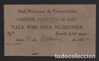 Sellos: JAEN.- VALE POR UNA MERIENDA- RED NACIONAL DE FERROCARRILES- COMEDOR COLECTIVO-- VER FOTO - Foto 1 - 200854177