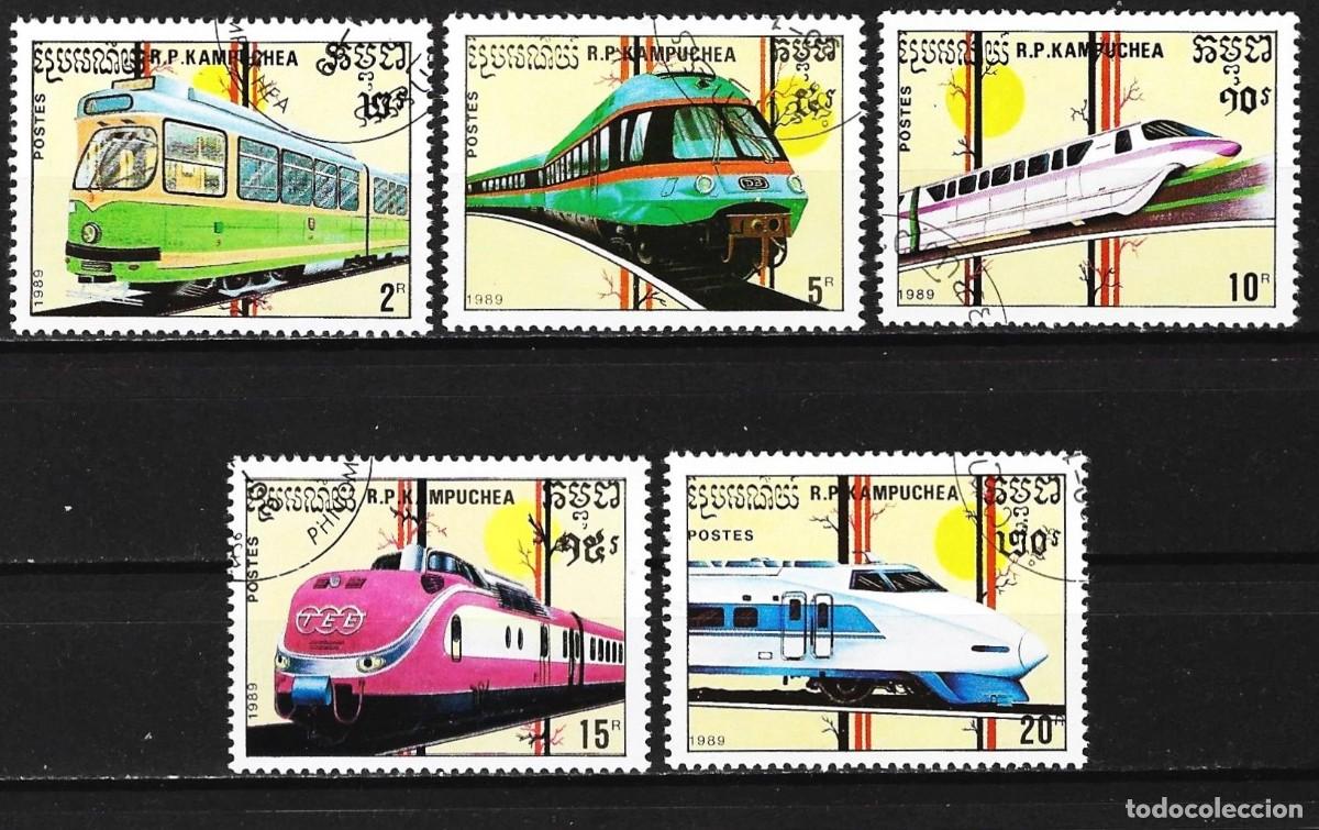 Sellos: Kampuchea 1989 - Mi 1007... - YT 864... - Trenes y locomotoras