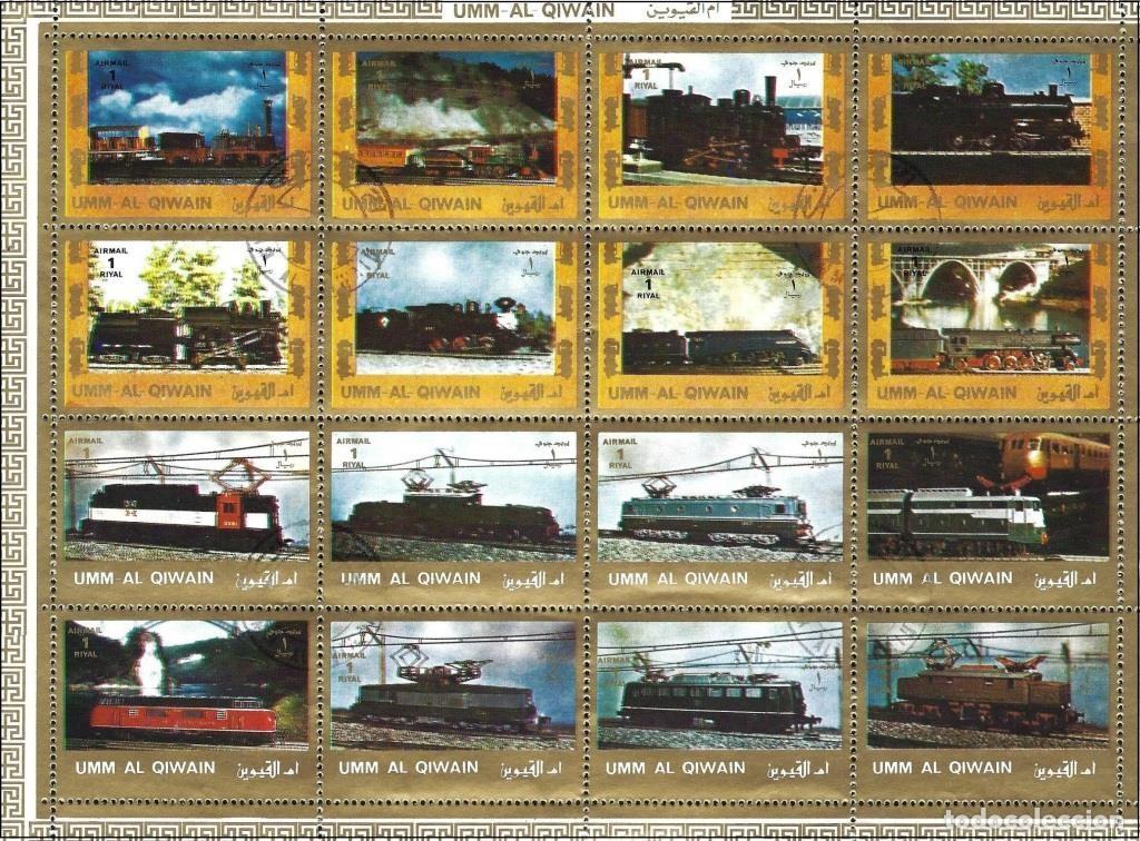 Sellos: Umm al-Qiwain 1972 - Mi 1210 a 1225A - Antiguas y modernas Locomotoras ( Block 205 x 148 )