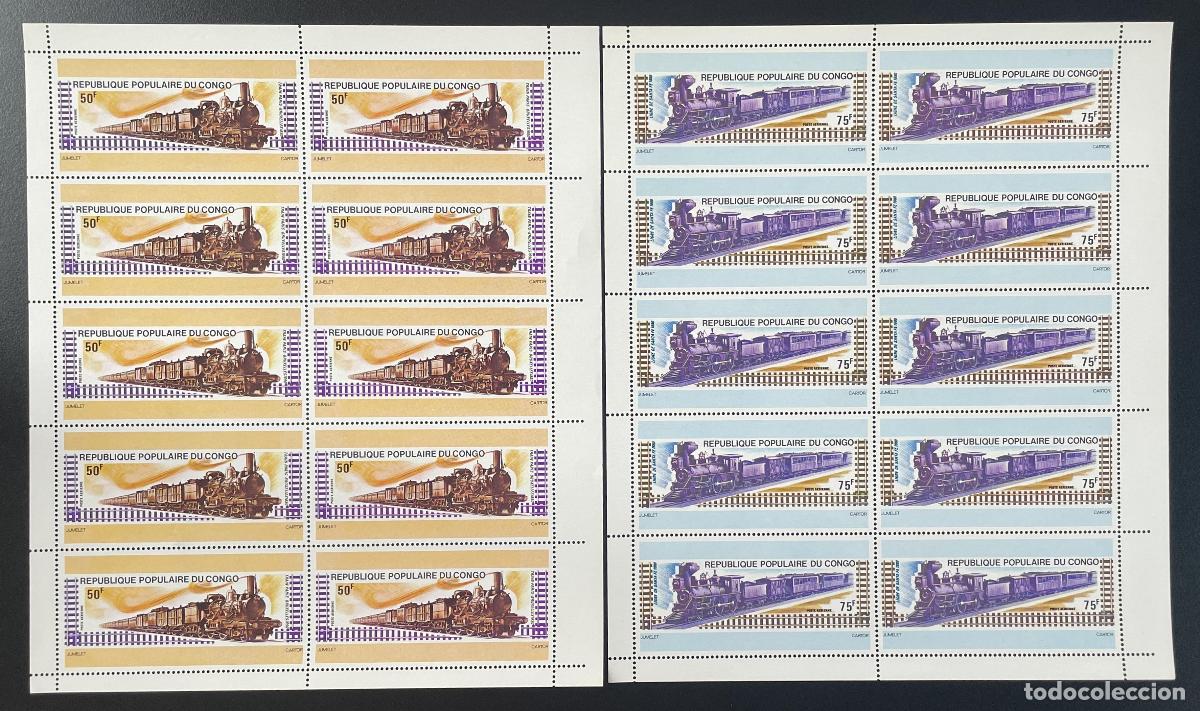 Sellos: Congo 1975 YT PA 206-207 tabl&oacute;n trenes locomotoras ferrocarriles transporte