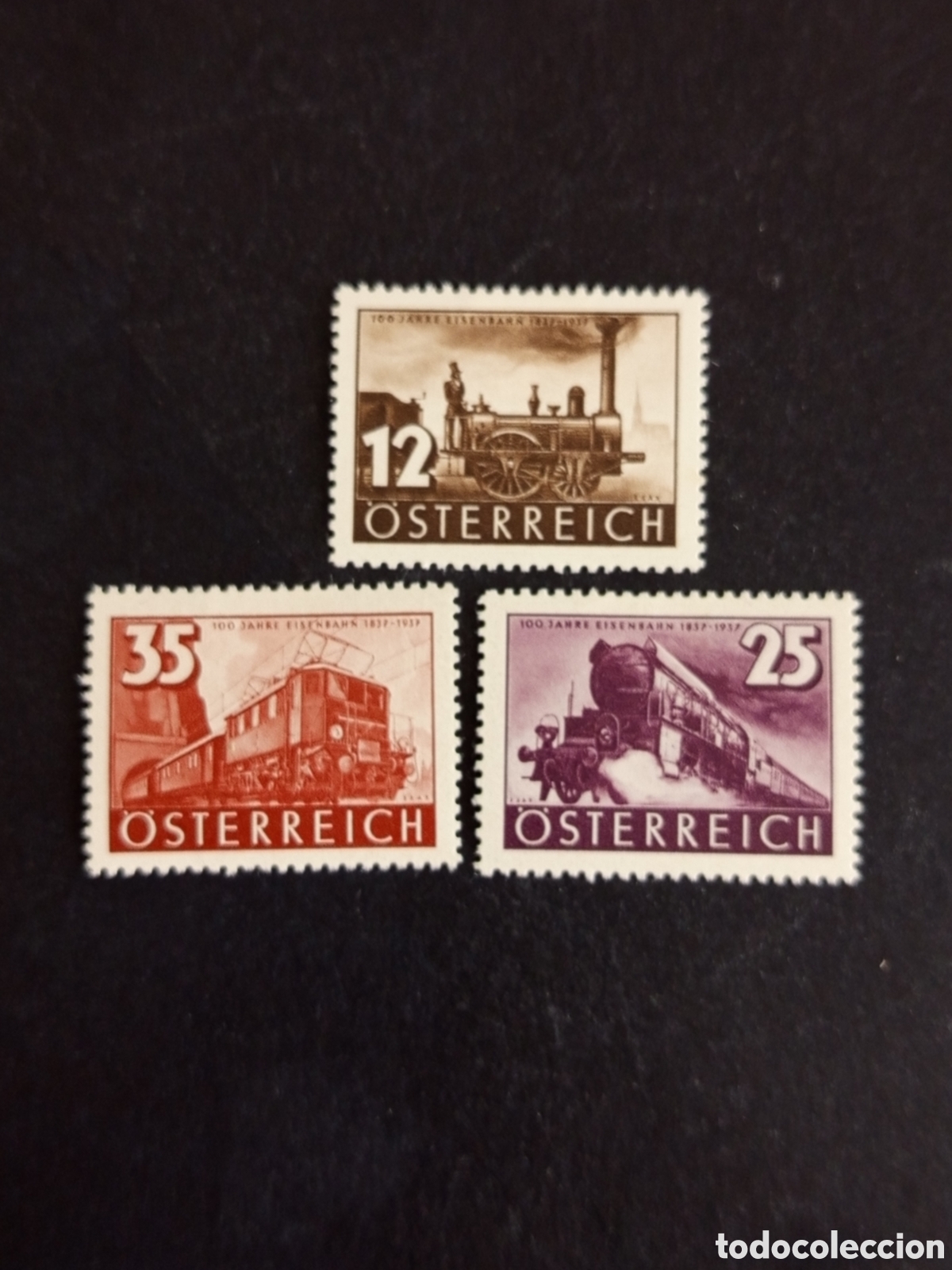 Sellos: Austria, 1937. Centenario Ferrocarril en Austria. Yvert 503/5. Pedido m&iacute;nimo 3 &euro;. Ver fotos.