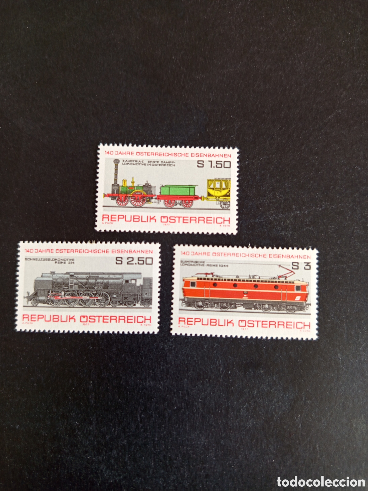 Sellos: AUSTRIA, 1977. Ferrocarriles de Austria. Yvert 1389/91. Pedido m&iacute;nimo 3 &euro;. Ver fotos.Serie completa