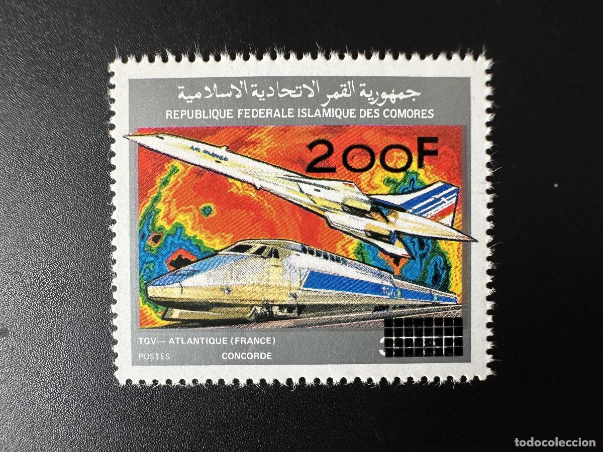 Sellos: Comoras 1996 Mi. 1168 200F sobre 375F tren Concorde TGV avi&oacute;n Avion sobrecargado