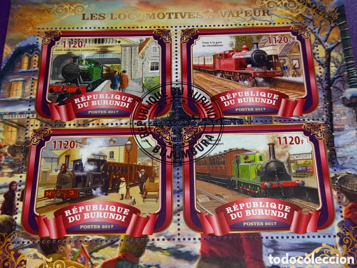 Sellos: HB Burundi mtdo 2017. Transporte. Trenes. Locomotoras. V&iacute;as. Ferrocarriles. Estacion. Disfraz