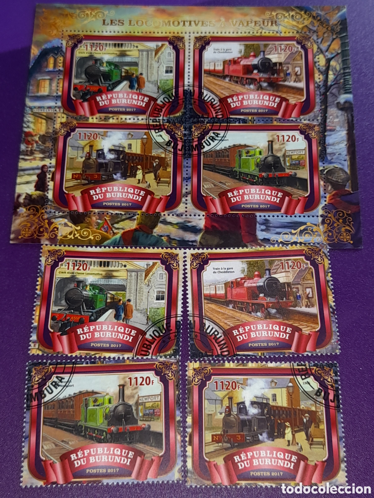 Sellos: HB + sello Burundi mtdo 2017. Transporte. Trenes. Locomotoras. V&iacute;as. Ferrocarriles. Estacion. Disfr