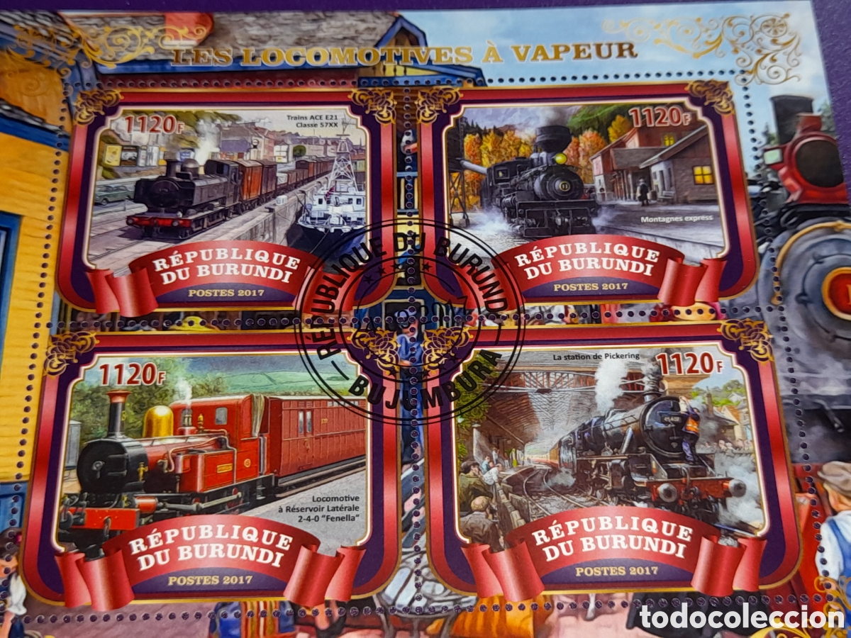 Sellos: HB Burundi mtdo 2017. Transporte. Trenes. Locomotoras. V&iacute;as. Ferrocarriles. Estacion.