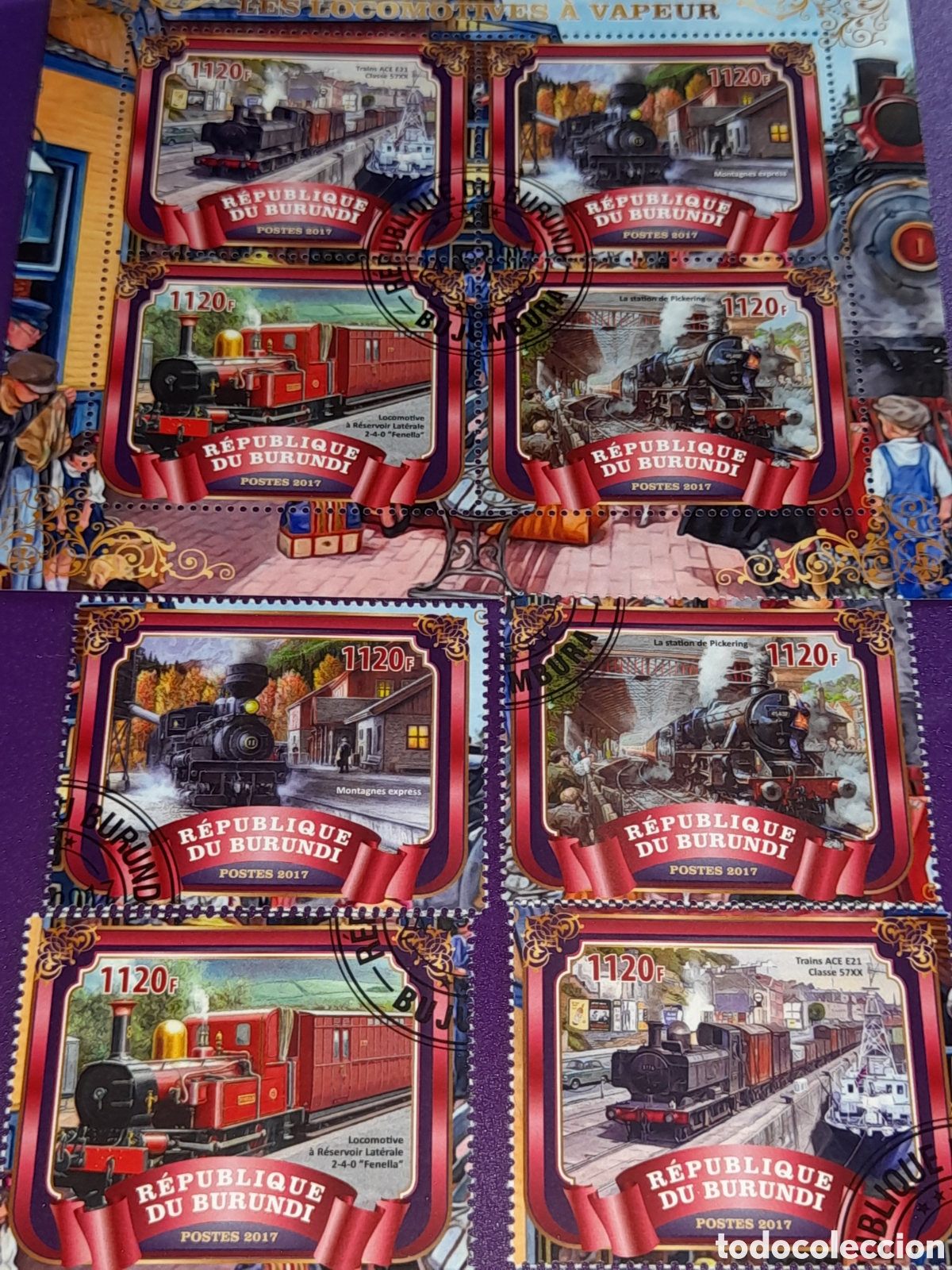Sellos: HB + sello Burundi mtdo 2017. Transporte. Trenes. Locomotoras. V&iacute;as. Ferrocarriles. Estacion.