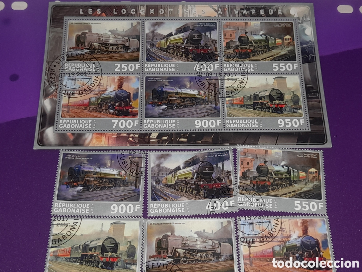 Sellos: HB Gabon mtdo 2017. Trenes. Locomotoras. Estaci&oacute;n. Ferrocarriles. M&aacute;quina vapor