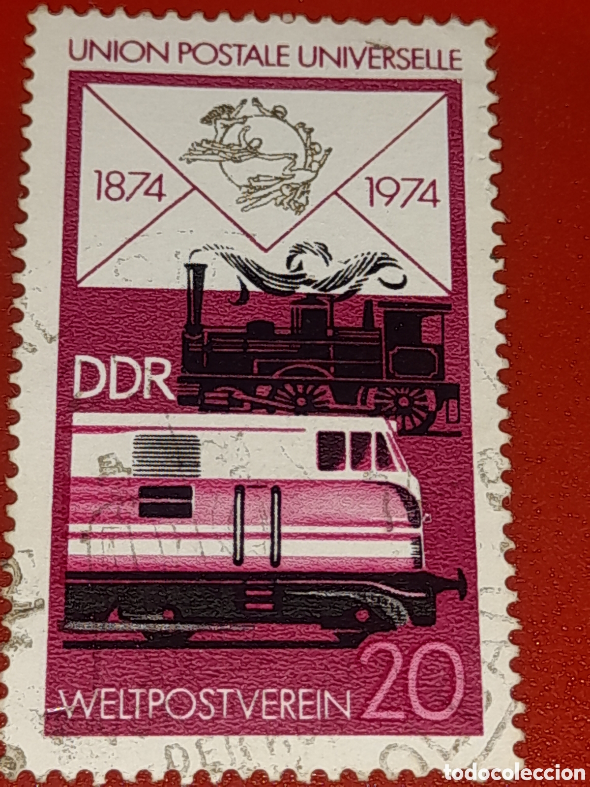 Sellos: Sello Alemania, DDR nuevo 1974. 100Aniv Uni&oacute;n Postal Universal. Trenes. Estaci&oacute;n. V&iacute;as. Locomotora
