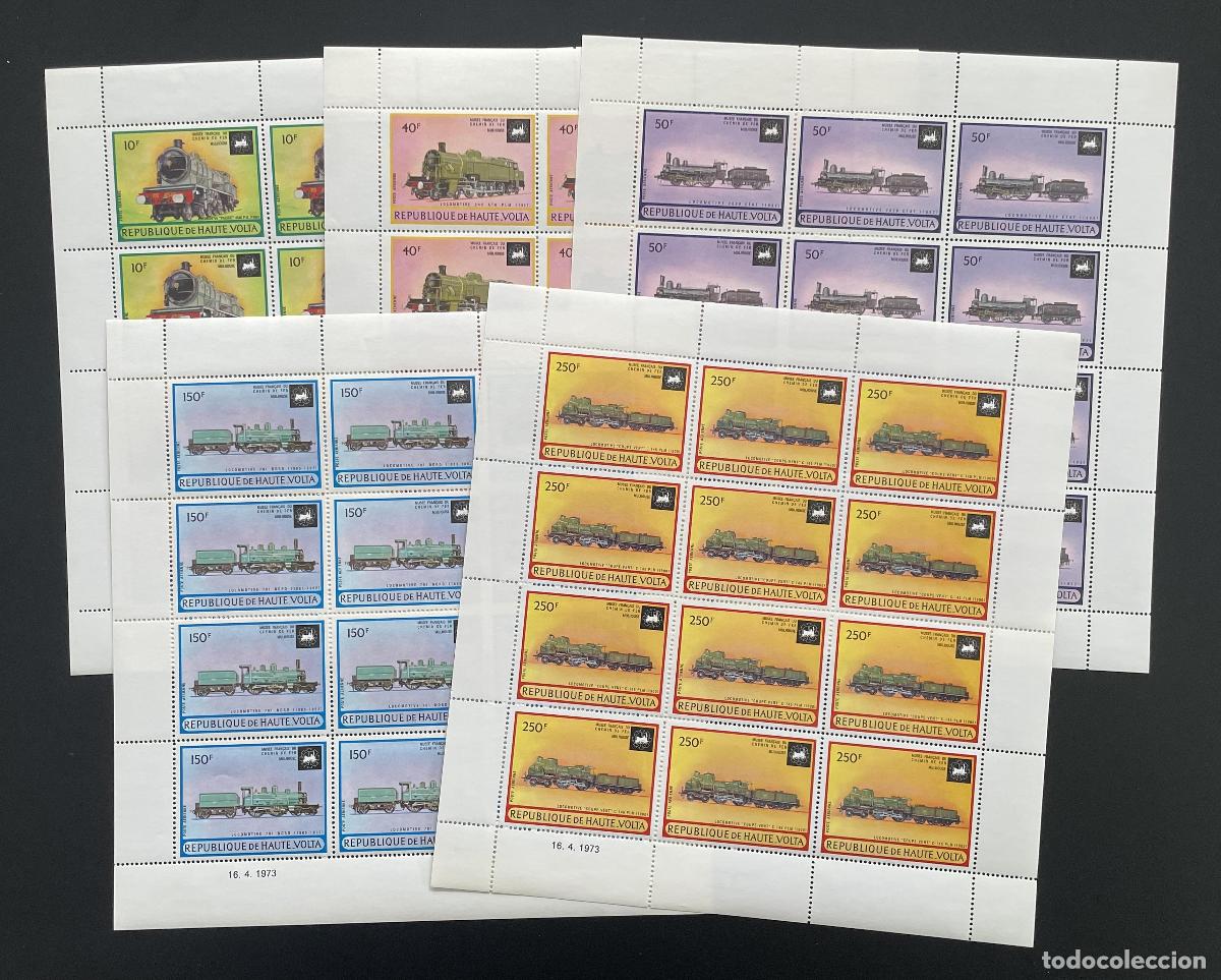 Timbres: Alto Volta 1973 YT PA 155-159 tabl&oacute;n locomotoras trenes ferrocarriles museo