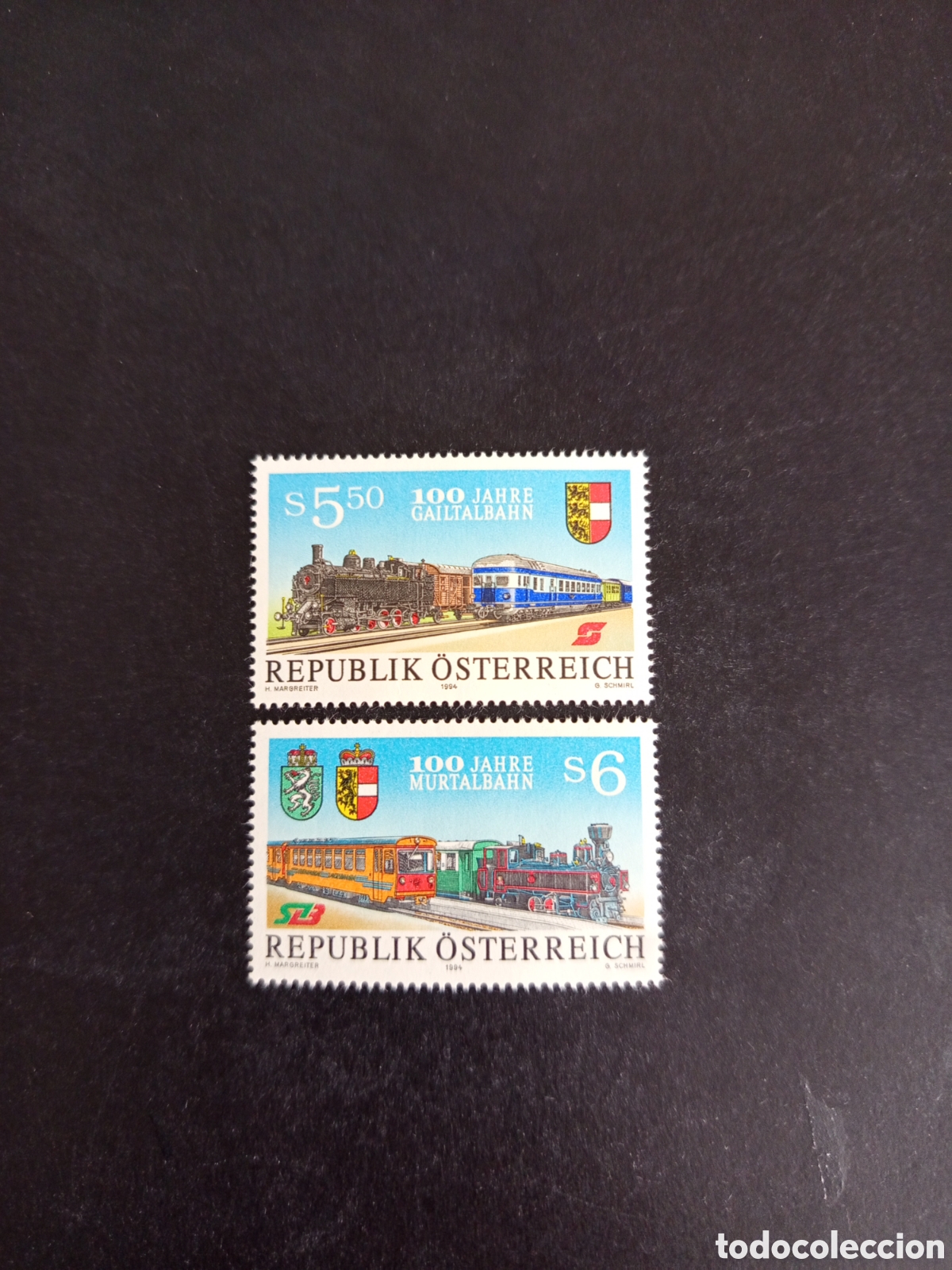 Sellos: AUSTRIA, 1994. Ferrocarriles: locomotoras. Escudos de Armas. Yvert 1959/60. Pedido m&iacute;nimo 3 &euro;.