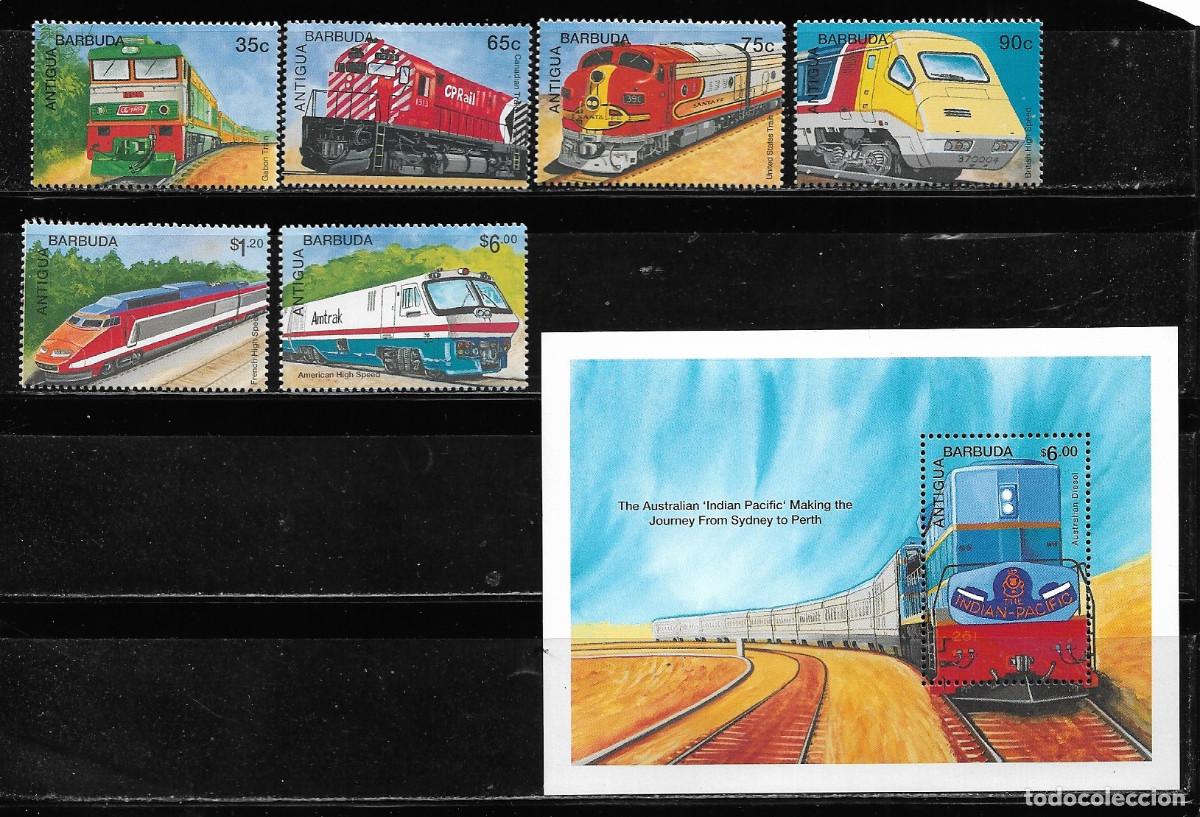 Sellos: ANTIGUA Y BARBUDA 1995, HOJA BLOQUE Y SERIE - LOCOMOTORAS DEL MUNDO. MNH.