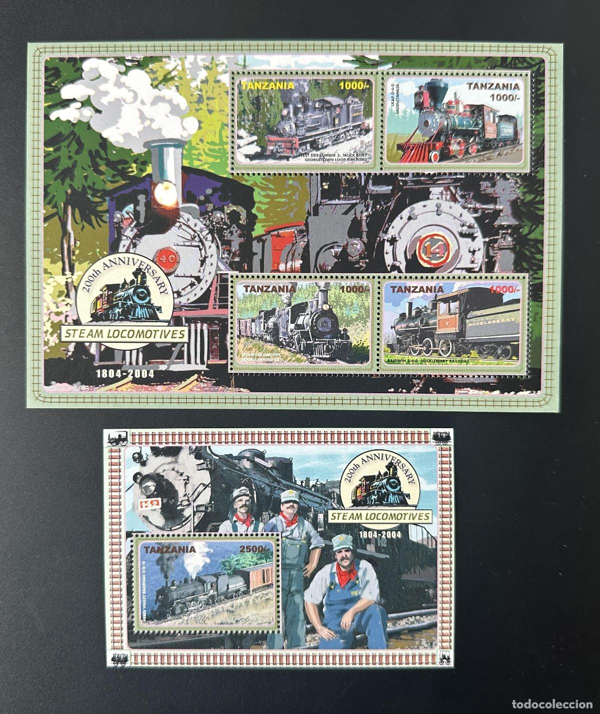 Selos: Locomotoras de vapor Tanzania 2004 Mi. 4255 - 4258 Bl. 574 Tren ferroviario