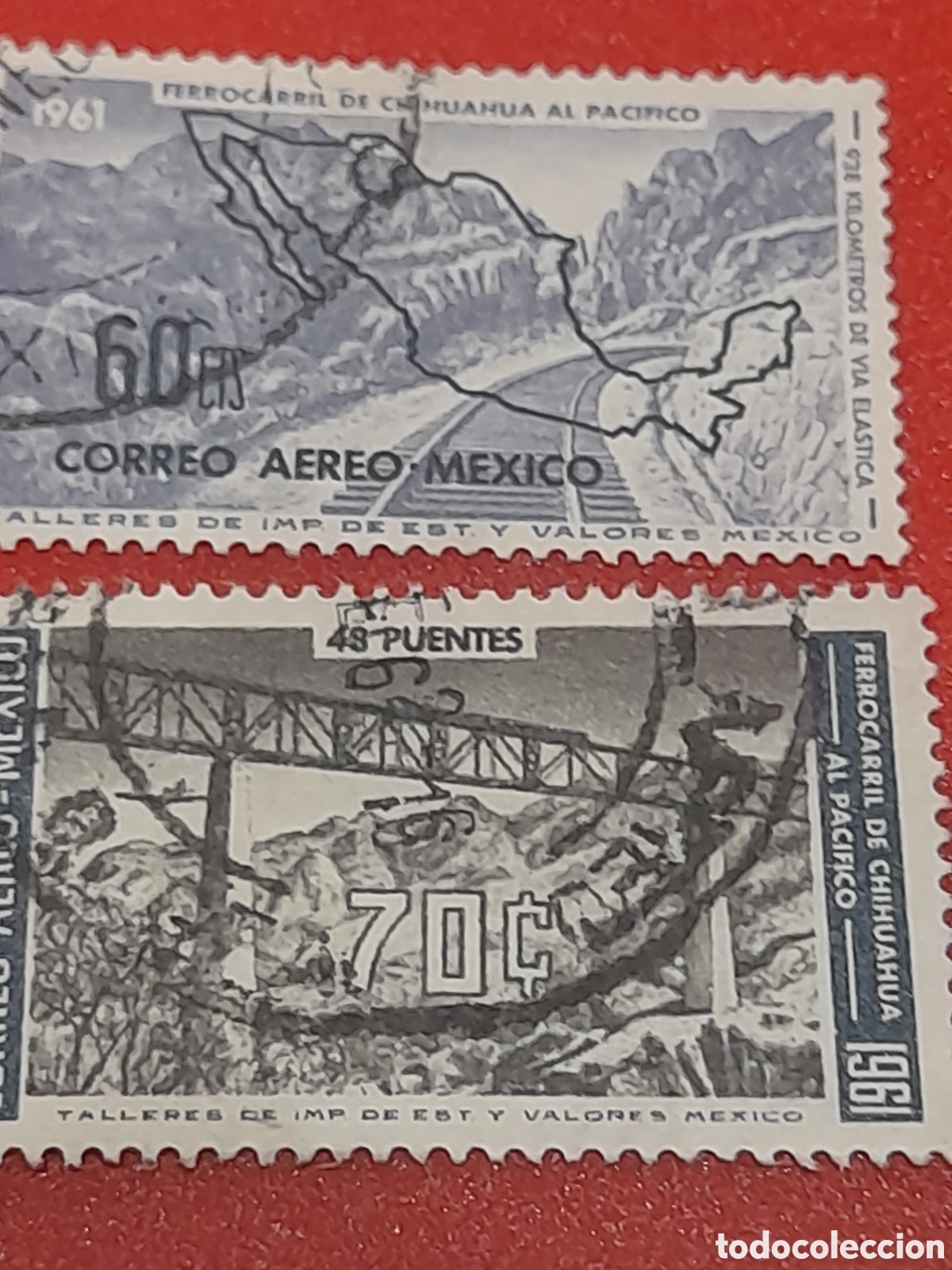 Sellos: Sello Mexico mtdo/udo 1961. Inauguraci&oacute;n l&iacute;nea ferrocarriles. Puente. Trenes. Naturaleza. Cartografi