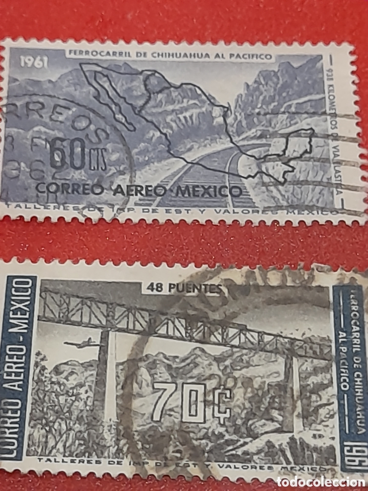 Sellos: Sello Mexico mtdo/udo 1961. Inauguraci&oacute;n l&iacute;nea ferrocarriles. Puente. Trenes. Naturaleza. Cartografi