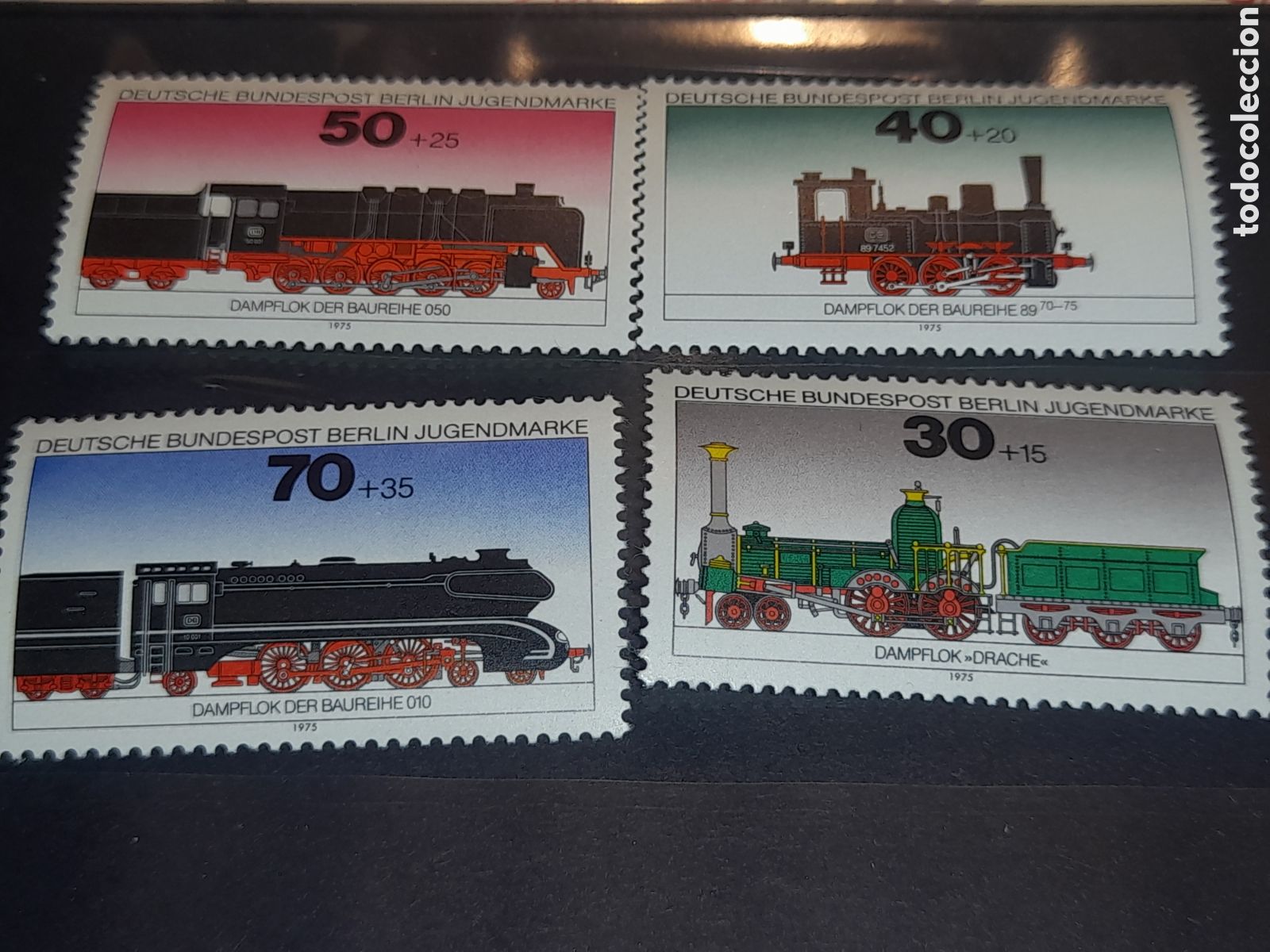 Sellos: Sello Alemania, Berlin nuevo 1975. Pro juventud. Infancia. Trenes. Maquinas vapor. Locomotora. V&iacute;as.